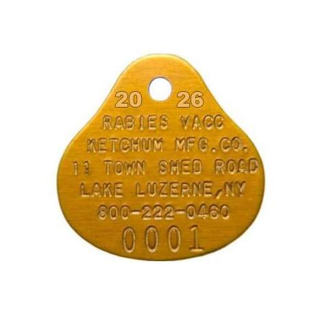 2026 Orange Aluminum Teardrop (Oval) Rabies Tags by Ketchum Manufacturing